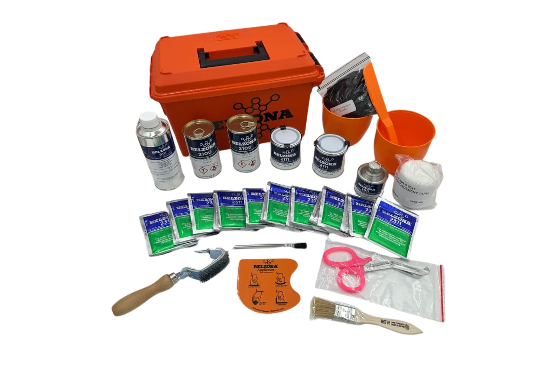 Belzona flexible elastomer kit contents in a lockable Belzona case