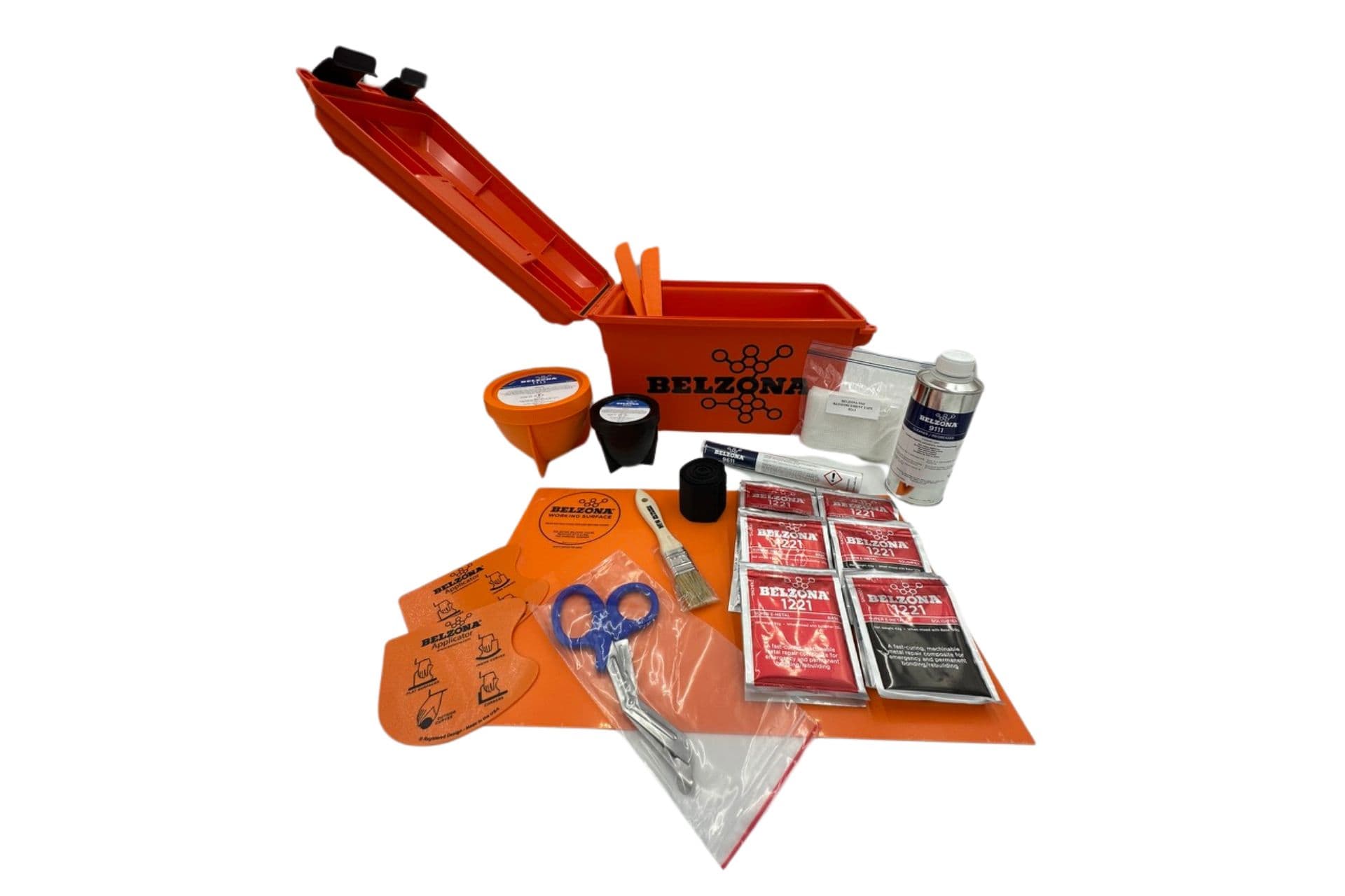 Emergency pipe repair kit contents and lockable Belzona toolbox